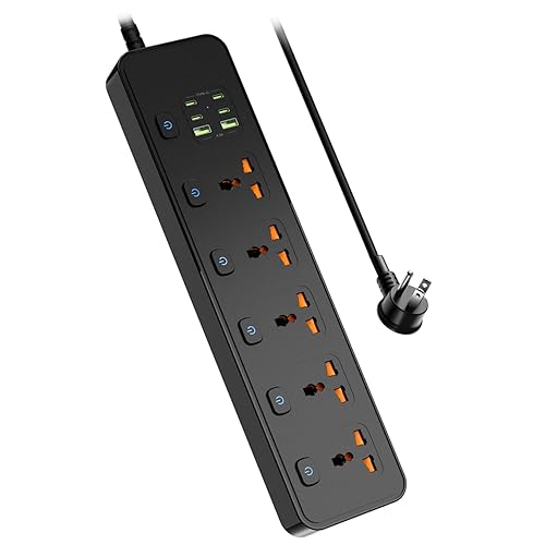 Universal Power Strip with USB Ports, Individual Swtich, 6ft Power Cord, 5 Universal AC Outlets, 4USB C and 2USB (5V/4.2A), Max 3000w, 110-240V, Child