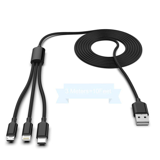 Multi 3 in 1 USB Long iPhone Charging Cable, 3M/10Ft Nylon Braided Universal Phone Charger Cord USB C/Micro USB/Lightning Connector Adapter…