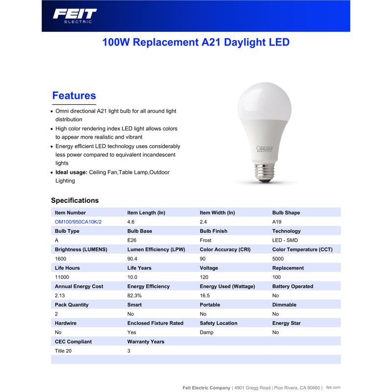 Feit Electric Enhance A21 E26 (Medium) LED Bulb Daylight 100 Watt Equivalence 2 pk