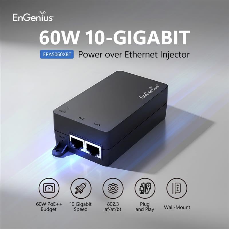EnGenius 10Gbps Power Over Ethernet PoE++ Injector | 60W | 802.3af/at/bt | Plug & Play | Up to 100 Meters (328ft) | Single Port [EPA5060XBT]