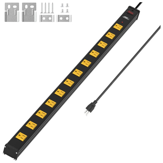 CRST 12-Outlet Metal Long Power Strip, Heavy Duty 1800 Joule Surge Protector Wall Mount Power Strip, 6FT Wide Spaced Workshop Garage Industrial Power