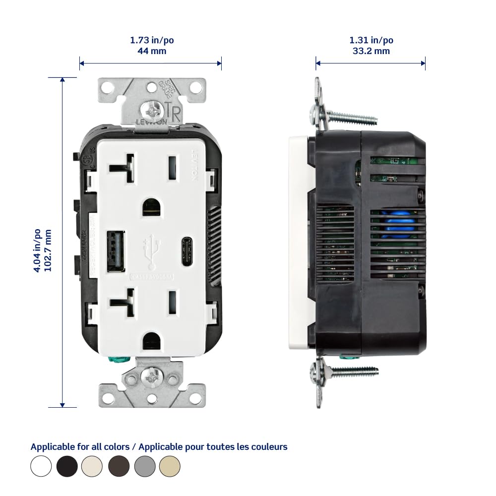 Leviton Type A & Type-C USB In-Wall Charger with 20A Tamper-Resistant Outlet, USB Charger for Smartphones and Tablets. Not for Laptops, T5833-E, Black