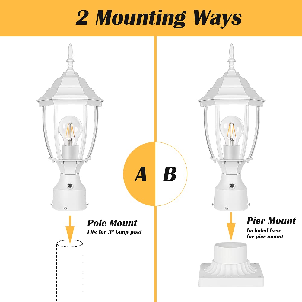 PARTPHONER Dusk to Dawn White Outdoor Post Light with Pier Mount Base, Waterproof Pole Lantern Light Fixture, Exterior Lamp Post Lantern Head