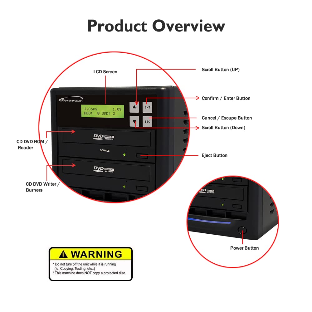 Vinpower Digital Standard 1 to 1 Target 24x DVD CD Disc Duplicator Tower SATA Optical Drives - Black