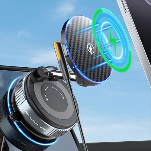 PlusAcc Vacuum Magnetic Phone Holder for Car, Suction Cup Phone Mount for MagSafe, 360°Rotatable Strong Magnet Stand for iPhone 16/15/14/13 in Smooth