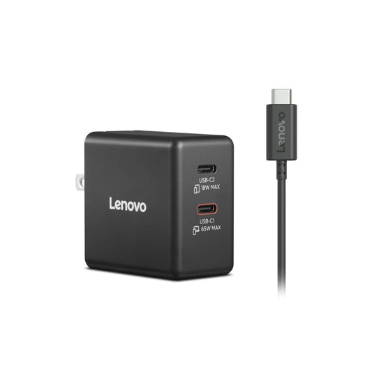 Lenovo Dual USB-C 65W GaN Charger, 2 USB-C Ports, for Laptops/Tablets & Phones & More, Compact Size, Foldable Plug, Includes 1.5m USB C Cable