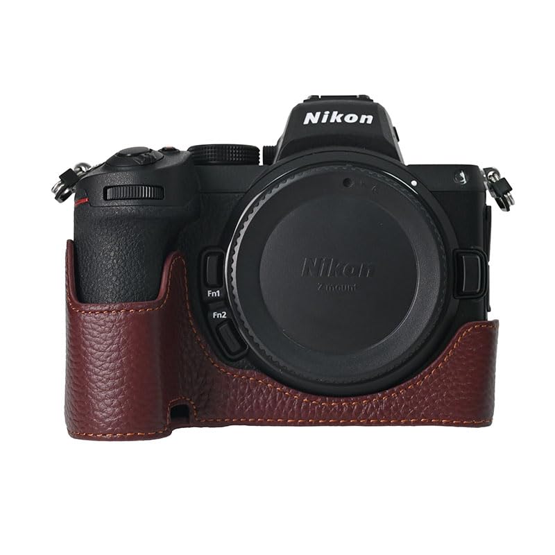 BMAOLLONGB Z6 II Case, Handmade Genuine Real Leather Half Camera Case Bag Cover for Nikon Z5/Z5 II/Z6/Z6 II Bottom Opening Version + Hand Strap
