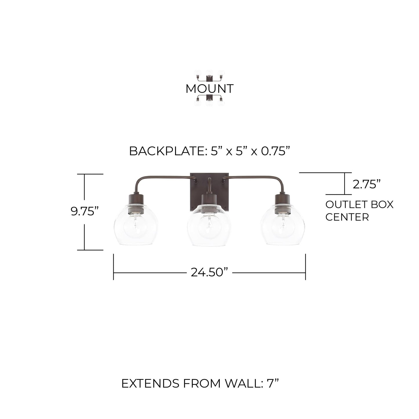 HomePlace Lighting 120031BZ-426 Tanner Urban/Industrial Clear Glass Bathroom Vanity Wall Light, 3-Light 300 Total Watts, 10" H x 25" W, Bronze