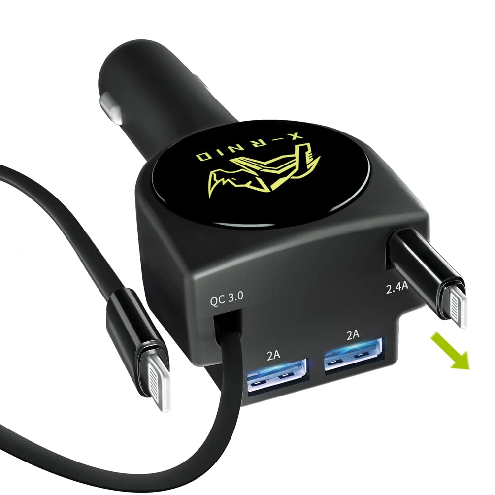 Dual Retractable Car Charger Compatible with iPhone Cell Phone, Fast Charge 2.4A 44W, Retractable Cables (3Ft) and 2 USB Ports Car Charger Adapter