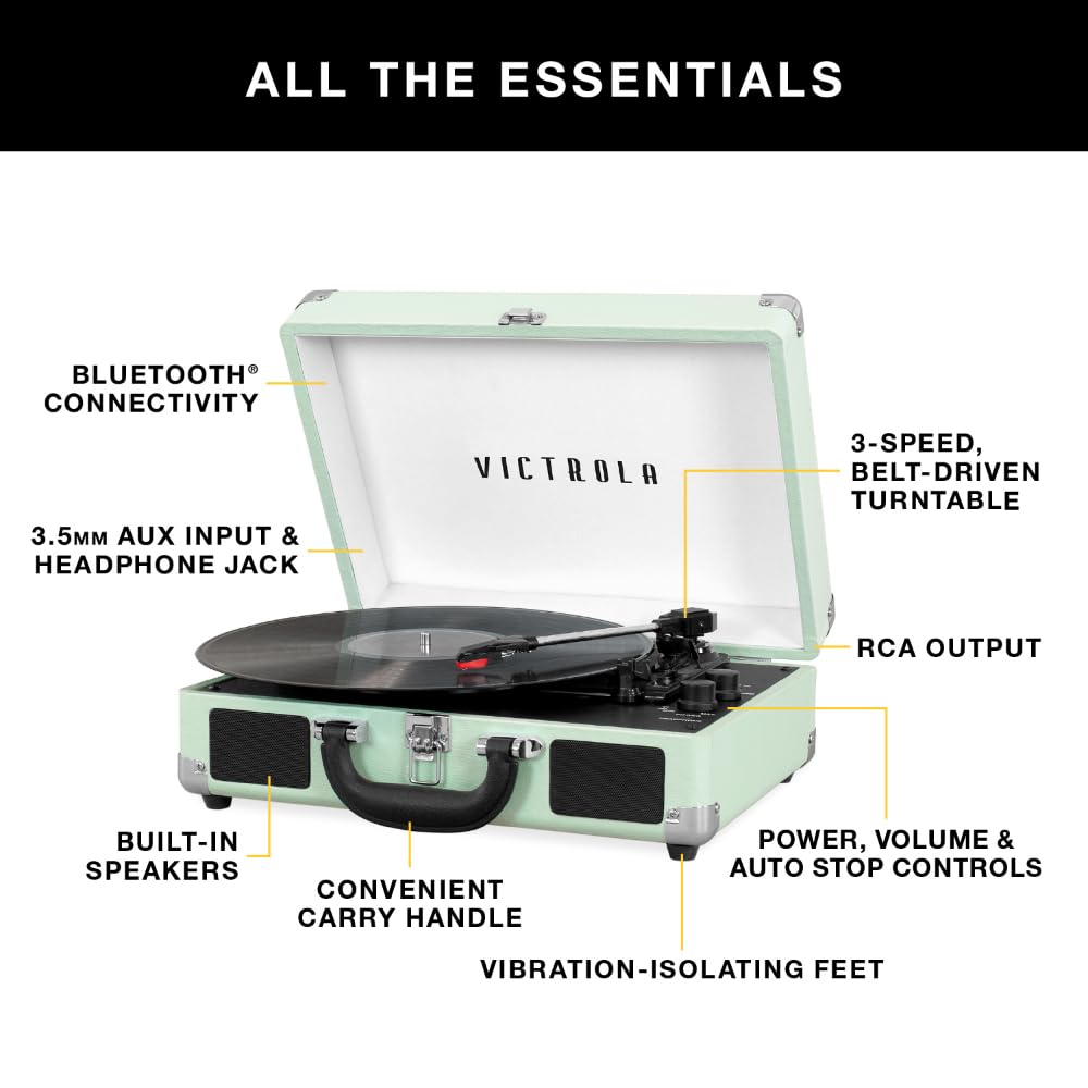 Victrola Journey Bluetooth Portable Suitcase Record Player - with Built-in Speakers, 3 Speed Vinyl Record Player, RCA Out, Headphone Jack (Oatmeal)