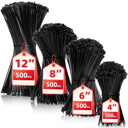 Zip Ties Assorted Sizes(4”+6”+8”+12”), 2000 Pack,Black Cable Ties,Multi-Purpose Self-Locking Nylon Cable Cord Management,Plastic Wire Ties for indoor