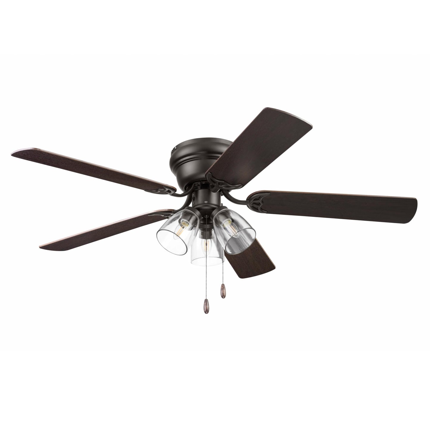 Portage Bay Ceiling Fans 52" Renton Bronze Indoor Fan with Clear 3 Light LED Multi Arm; E26/B11 Bulb and Pull-Chains, Traditional Style, 5 Reversible