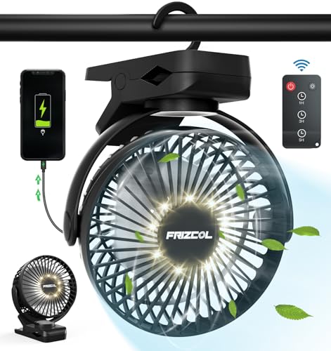 Camping Fan, 12000mAh Clip on Fans with LED Lights/ Remote/ Hooks/3 Levels