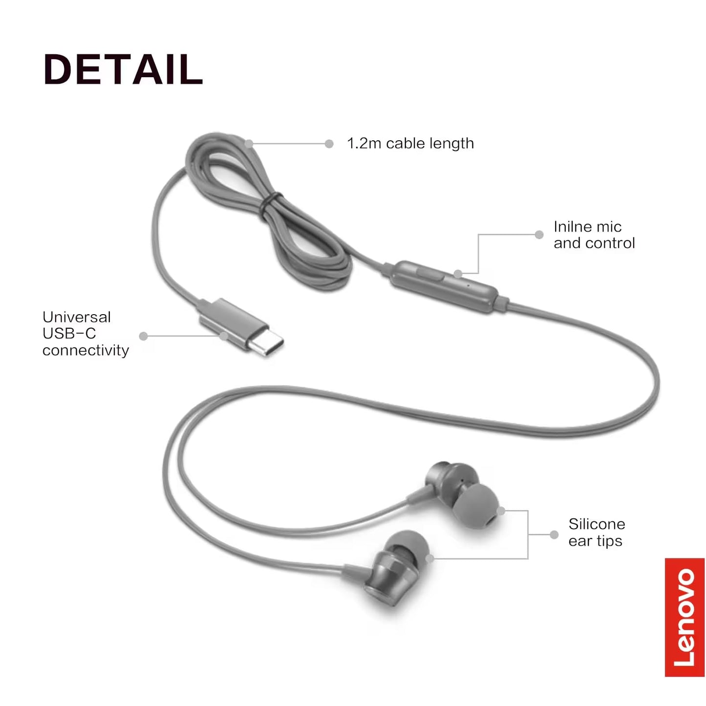 Lenovo - 300 Wired in-Ear USB-C Headphones - in-Line Microphone - USB-C Connectivity - Play & Pause Button - 3 Sizes Silicone Ear Tips Included, Grey