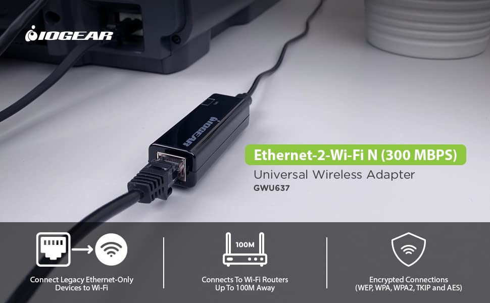 IOGEAR Universal Ethernet to Wi-Fi N Adapter - Speeds of up to 300Mbps on 2.4GHz - Push-button Wi-Fi Protected Setup (WPS) - Supports WEP, WPA, WPA2