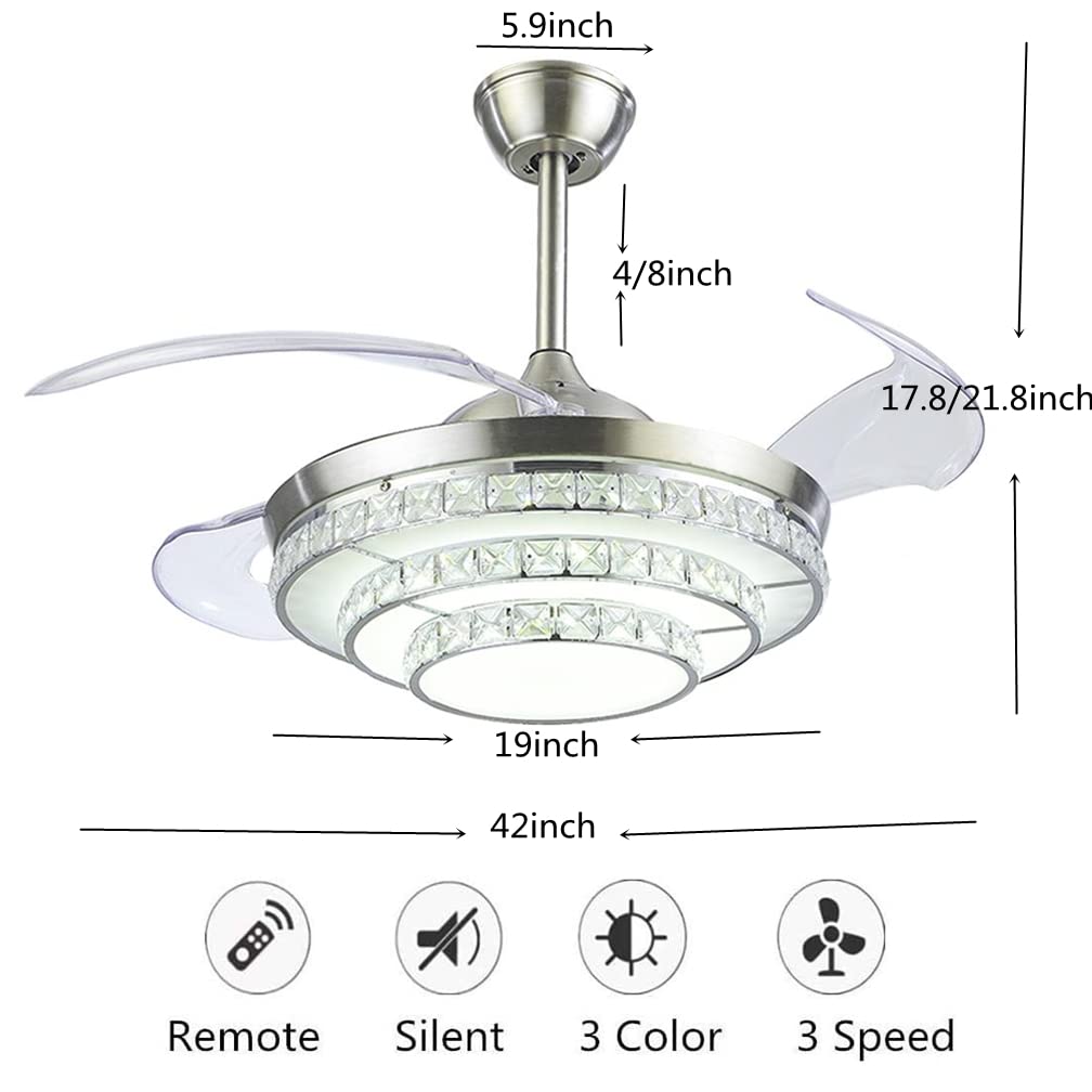 RuiWing Home 42" Crystal Ceiling Fan with Light Modern LED Chandelier