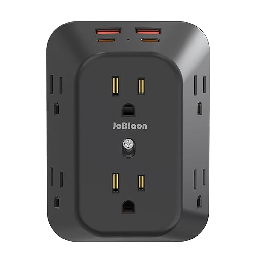 USB Wall Charger Electrical Outlet Extender, Surge Protector, 6 Outlet Splitter with 4 USB Outlet (2USB A, 2USB C) 4-Sided 1050J Power Strip Multi