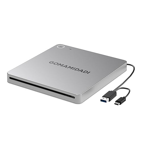 GOMAMIDADI External DVD CD Drive, USB 3.0 & Type-C Portable Burner & Reader for Laptop, PC, Mac, Windows 11/10/8/7, Plug & Play, Lightweight Design