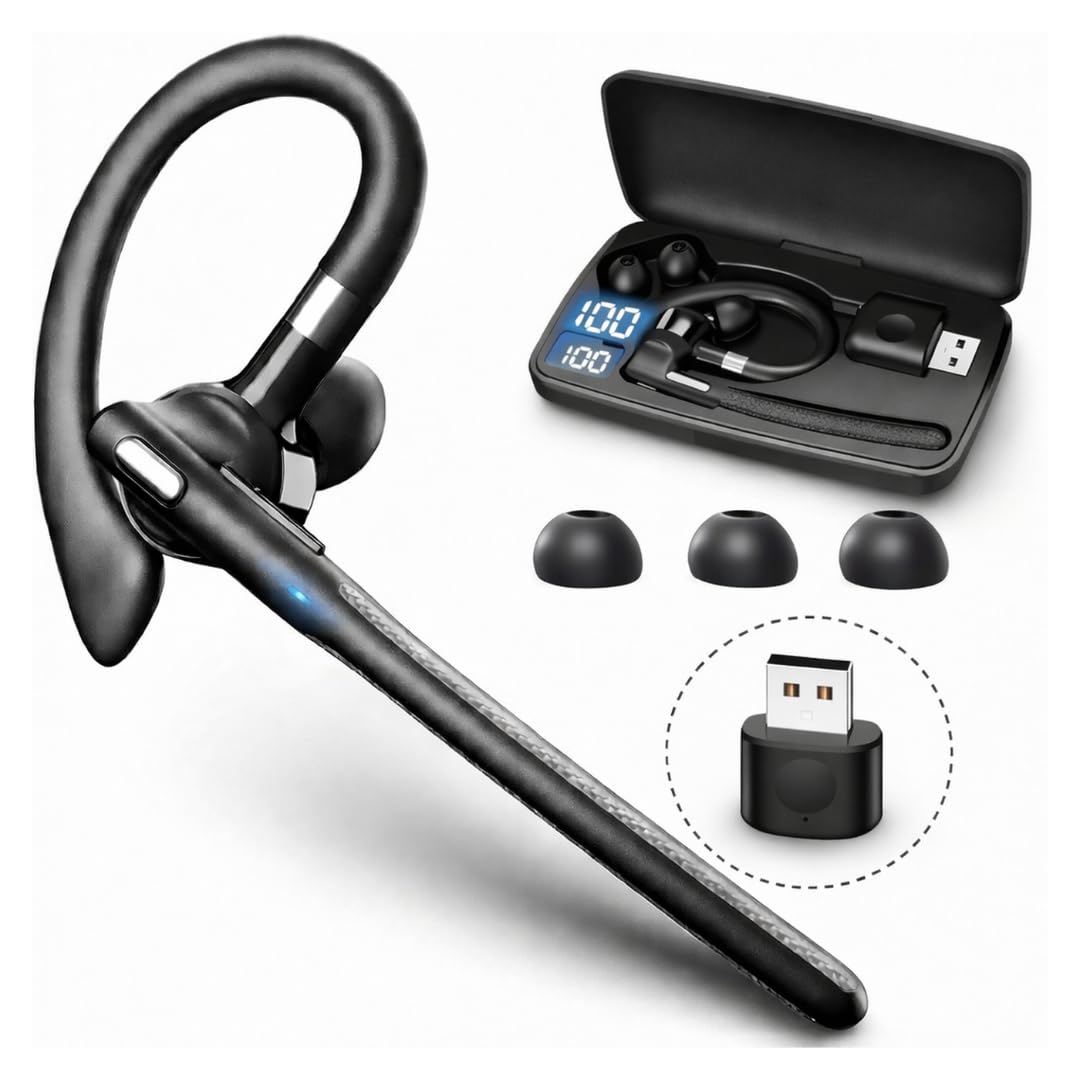 WADANI Bluetooth Wireless Earpiece with USB Adapter for PC, Dual-Mic Noise Reduction, 500mAh Charging Case, Bluetooth 6.1 Stable Connection, LED