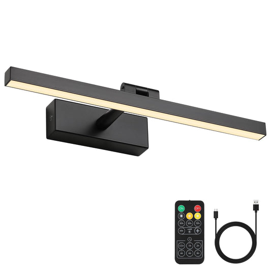 Joosenhouse Battery Operated Picture Light, Rechargeable Wireless Gallery Light with Remote Control, Dimmable & Timer Function, 15.35" Black Wall