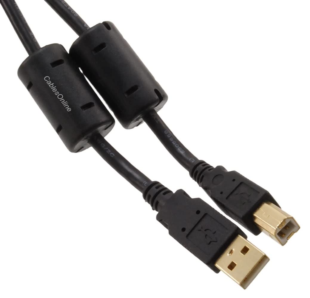 Cablesonline, 20 Feet Hi-Speed USB 2.0 A-Male to B-Male Cable with Two Ferrite Cores, 20-awg, Gold Plated, Black, (Usb2-ab20k)
