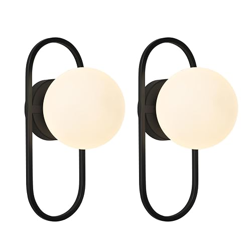 SeeU Vintage Black Wall Sconces Set of Two Globe Wall Lamp with Milky Glass Shades Modern Wall Light Fixtures for Living Room, Bedroom, Stairs