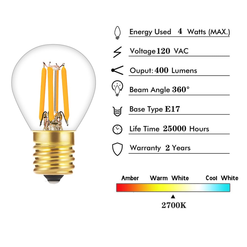 Tsunetani-S11 LED Bulb Filament 4W Equivalent to 40 Watt Incandescent Appliance Bulb- E17 Intermediate Base Mini Globe Light Bulbs 2700K Warm White