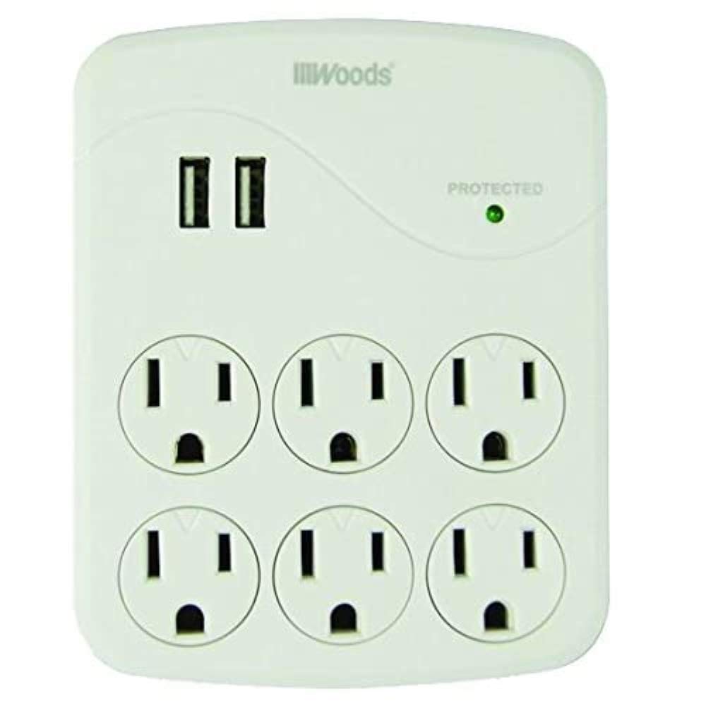 Woods 41079 Surge Protector with 6 Outlets and 2 USB Type A Ports with 1000J of Protection; White