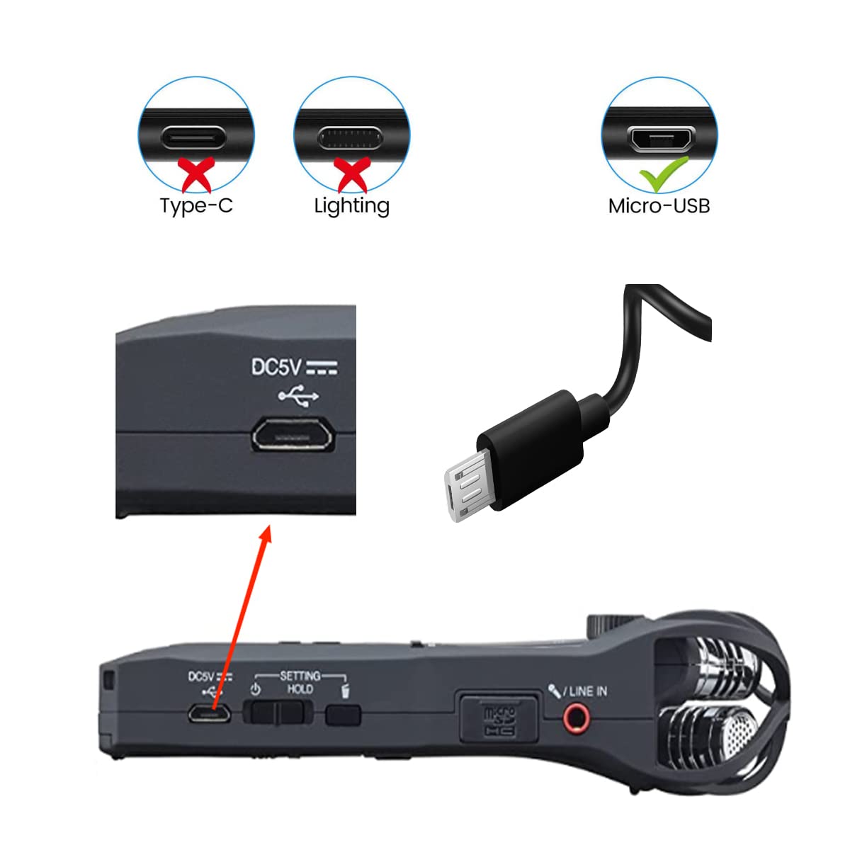 5foot DR-05x USB Charge Cable, Charging Cord Compatible for Zoom H1n/ Q2n/ H8/ F1, LiveTrak L-8, Tascam DR-05X, DR-40X, DR-07X,DR-22WL,DR-44WL,DR-70D