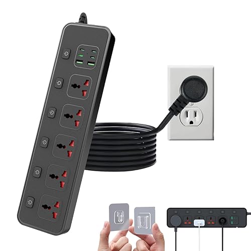 Flat Plug Power Strip with Individual Swtich, Jumpso 6ft Universal Extension Cord with 5 Outlets and 2 USB 4 USB C Ports, Max 3000w, 110-240v