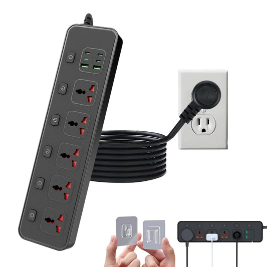 Flat Plug Power Strip with Individual Swtich, Jumpso 6ft Universal Extension Cord with 5 Outlets and 2 USB 4 USB C Ports, Max 3000w, 110-240v