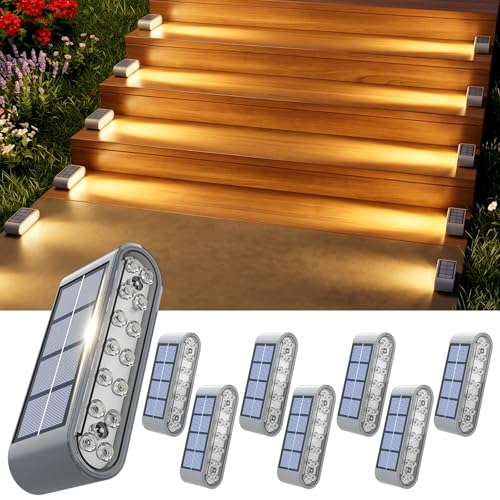 Solar Step Lights Outdoor Waterproof, 8 Pack Solar Stair Lights Outdoor IP67, 14 LED Warm 3000K Outdoor Step Lights, Solar Powered Lighting for Steps