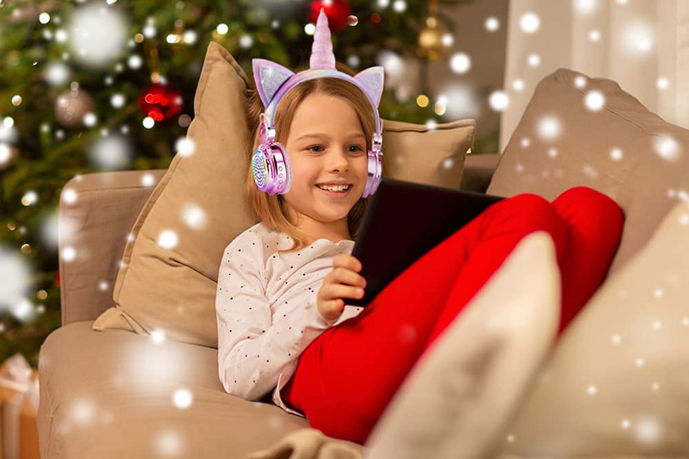 KORABA Kids Wireless Headphones for Girls Children Teens, LED Light Up Bluetooth Unicorn Headphones with Microphone for School/Xmas/Online…