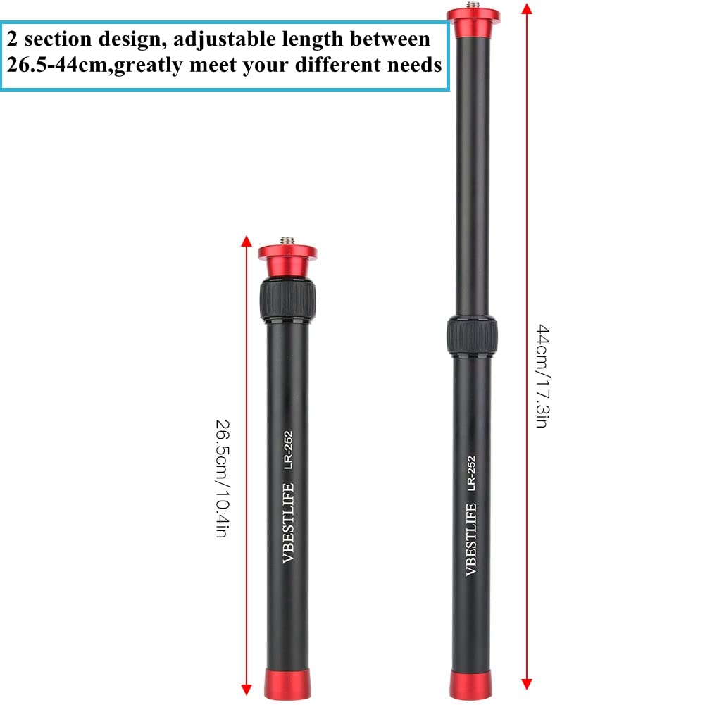 LR-252 Monopod 2 Sections Extendable 26.5-44cm Aluminum Alloy Adjustable Desktop Tripod Extension Rod with 1/4" &3/8" Screw Interface Suitable