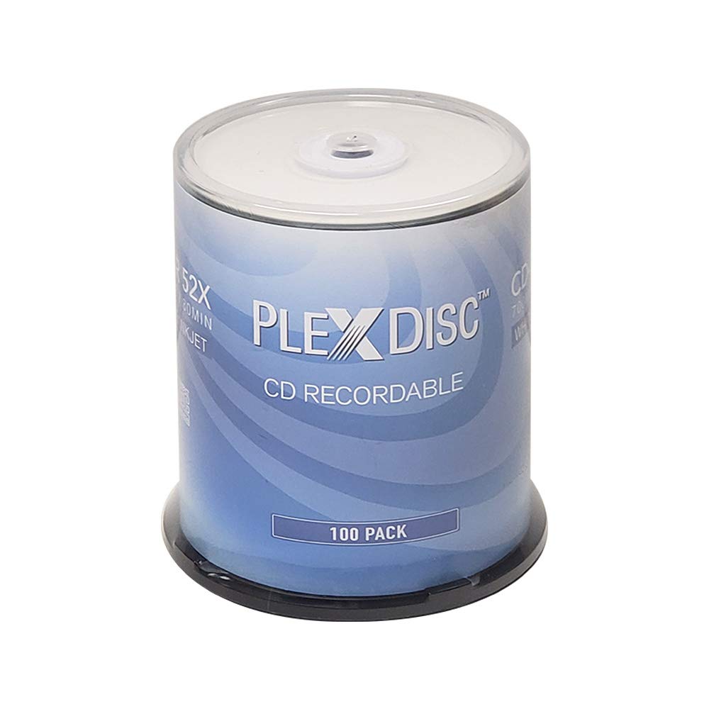 PlexDisc CD-R 700MB 52X White Inkjet Hub Printable Discs | 100 Pack Cake Box (FFP) | Blank CDs for Burning Music, Photos, Data | Writable Recordable