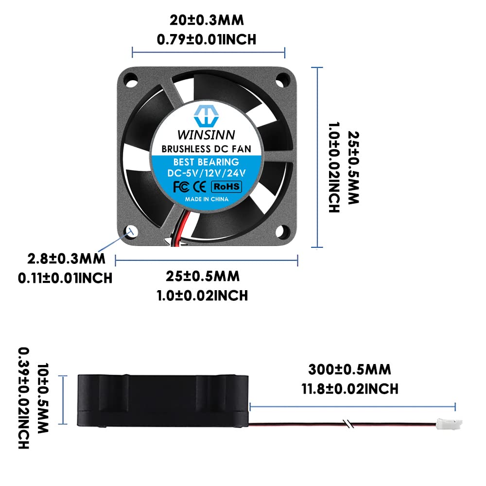 WINSINN DC 25mm Fan 5V 2510 Dual Ball Bearing Brushless Cooling 25mmx10mm 2PIN (Pack of 5Pcs)