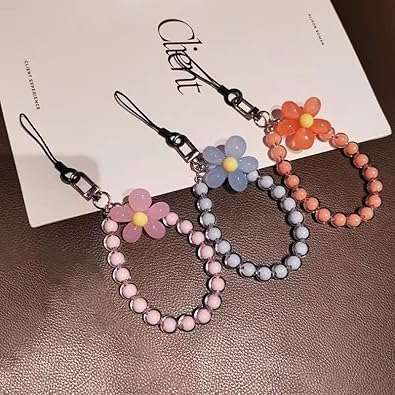 1pc Pink Flower Mobile Phone Strap Beaded Bracelet,Creative Hanging Rope Keychain Mobile Phones Lanyard Beaded,Flower Anti-Lost Phones Case Lanyard