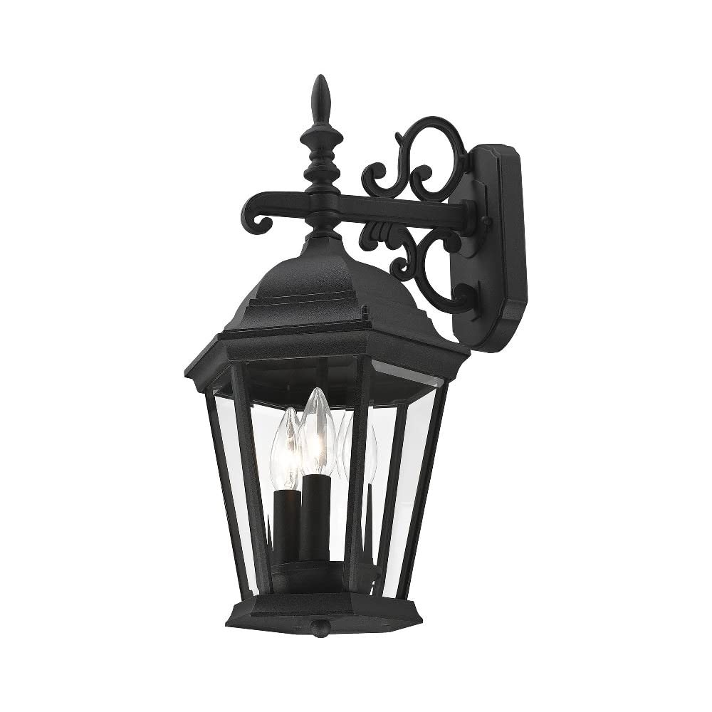 Livex Lighting 7560-14 Hamilton 3-Light Cast Aluminum Outdoor Wall Lantern with Clear Beveled Glass, 22" x 12" x 12", Black