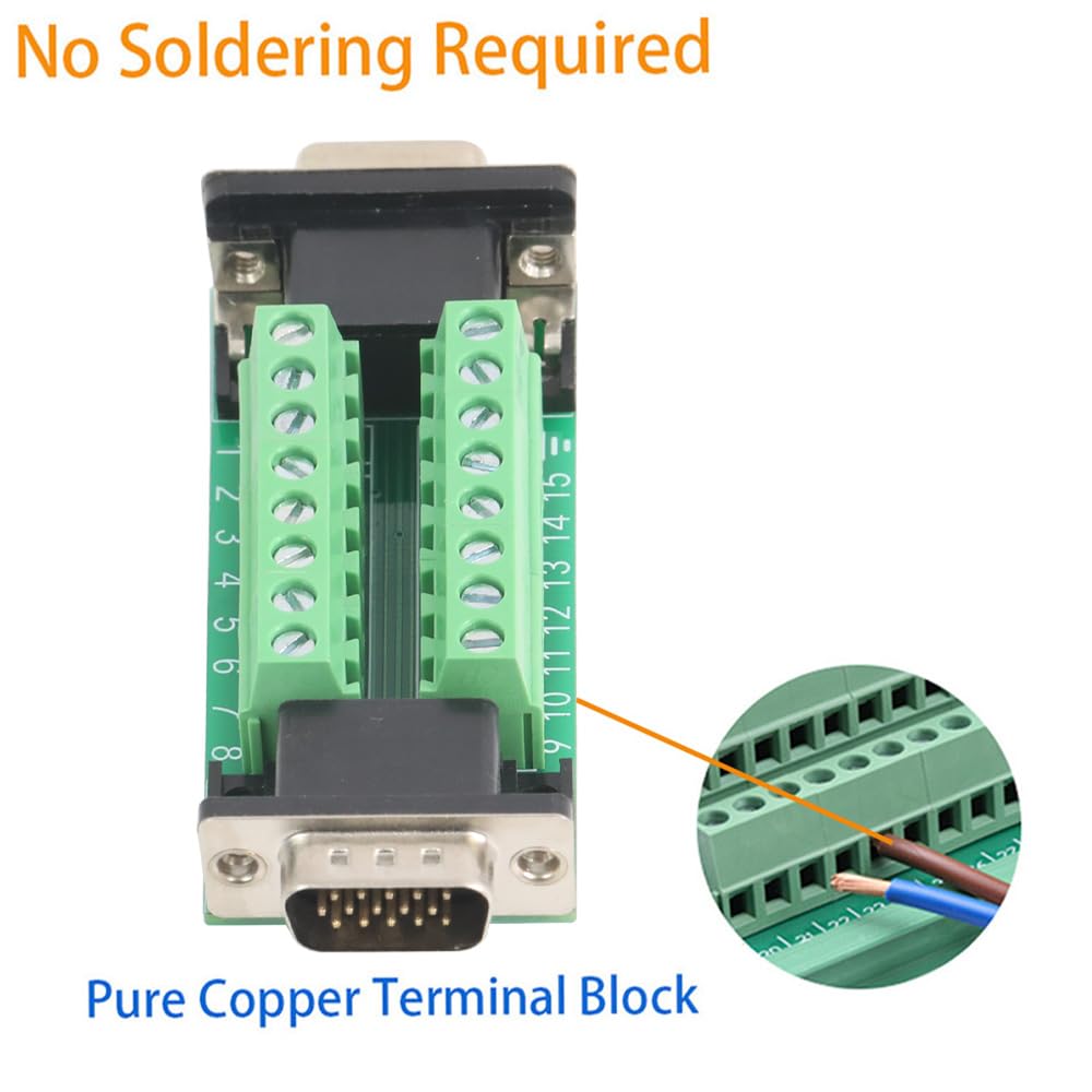 Jienk 1Pcs VGA HDB15 3 Row Male to Female Breakout Board, RS232 D-SUB Serial to 15pin Port Terminal Gender Changer Connector