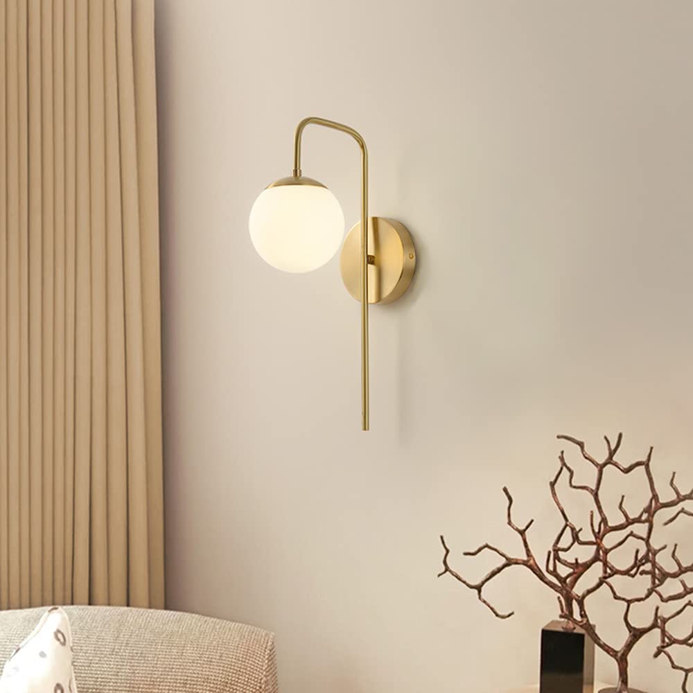 Aeyee Mid-Century Wall Sconce Lighting Modern Brass Wall lamp Gooseneck Arm Wall Light Fixture with Glass Globe Shade