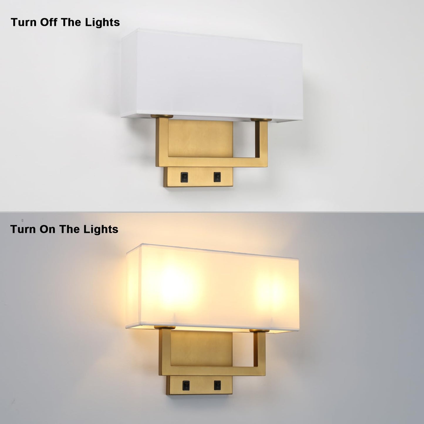 Yosoan Indoor Bedside Wall Sconce with On Off Switch, Modern Boho Interior Finish Brass 2-Light Vanity Vintage Industrial with Square White Fabric