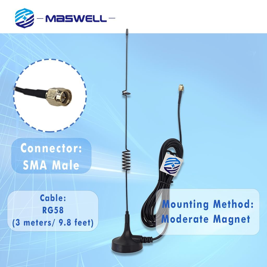 Maswell Cellular 4G LTE 3G GSM Whip Antenna 800 900 1800 2100 MHz 5dBi Magnet Mount SMA Male Small Magnet Base