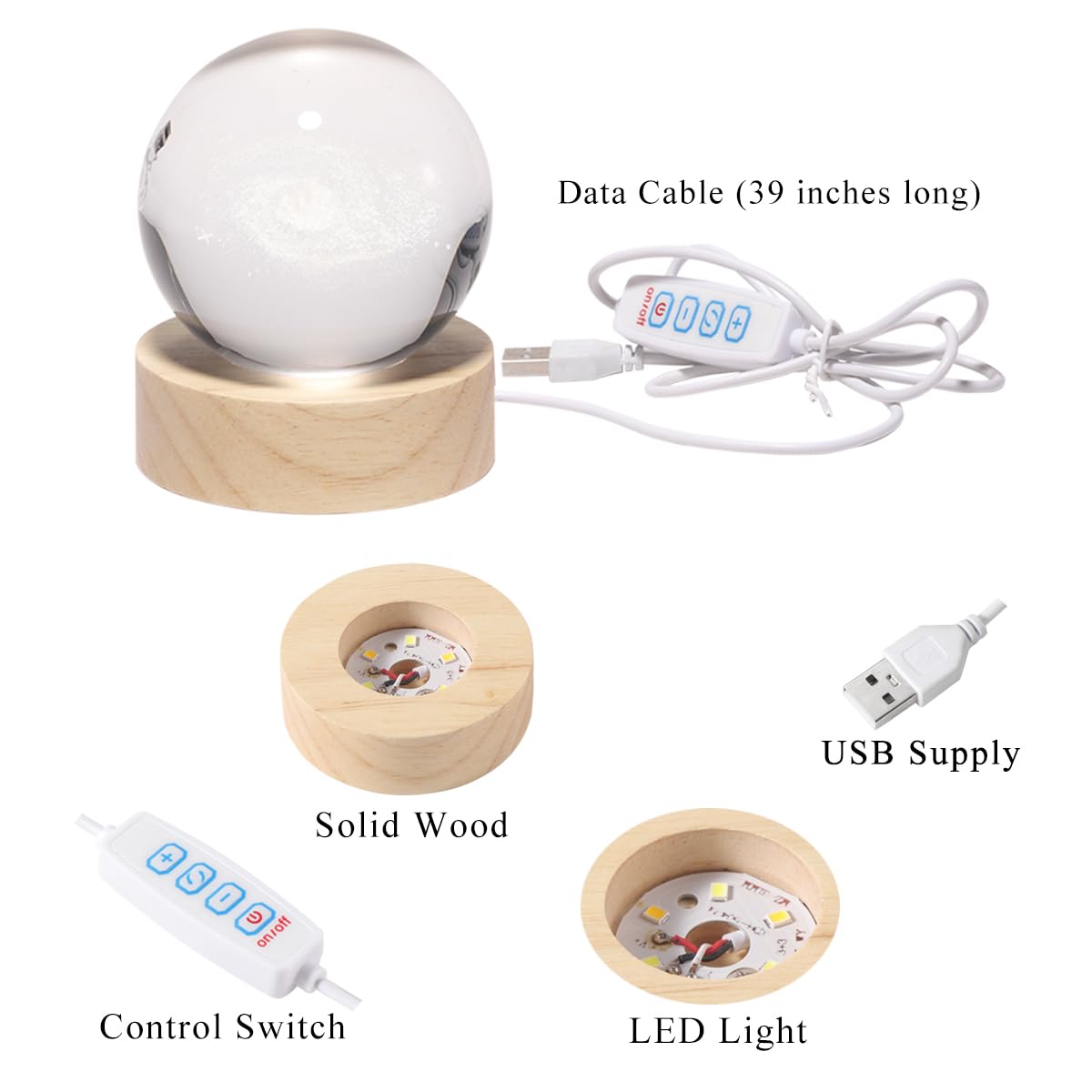 YANFEYHA 3D Moon Crystal Ball Lamp with Dimmable LED and Wooden Base, Night Light for Kids Teens Adults, Home Desk Office Bedroom Decor, Birthday Gift