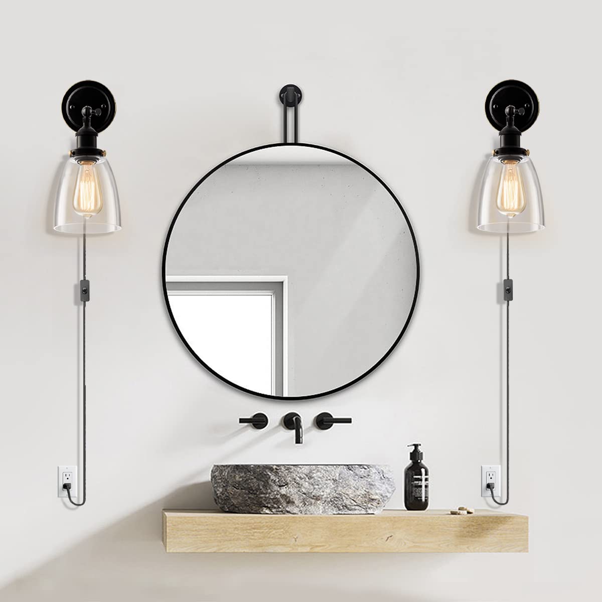 GLADFRESIT Industrial Wall Sconce Plug in Black, Adjustable Head Modern Ceiling Light Fixture Clear Glass Shade Wall Lamp 2 in 1 Design On/Off Switch