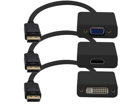 Add On 3-Piece Bundle of 8In DisplayPort Male to DVI, HDMI, and VGA Female Black Adapter Cables - 100% Compatible and Guaranteed to Work