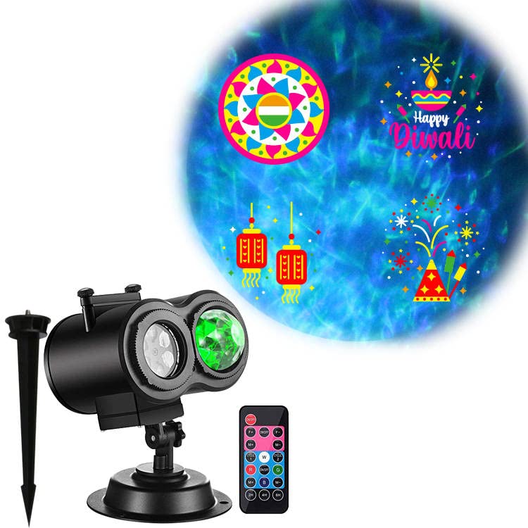 Holiday Halloween Valentine Party Christmas Diwali Projector Light (Indoor, Outdoor, Splashproof IP44), 16 Slides (4 Pictures Each), 10 Wave Effects