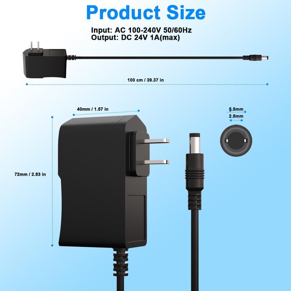 24V 1A Power Supply Adapter AC to DC 24V 1A with 2.5mm X 5.5mm Plug for LED Strip Lights/Cable Modem/Router/Electronic Piano Keyboard and More 24V…