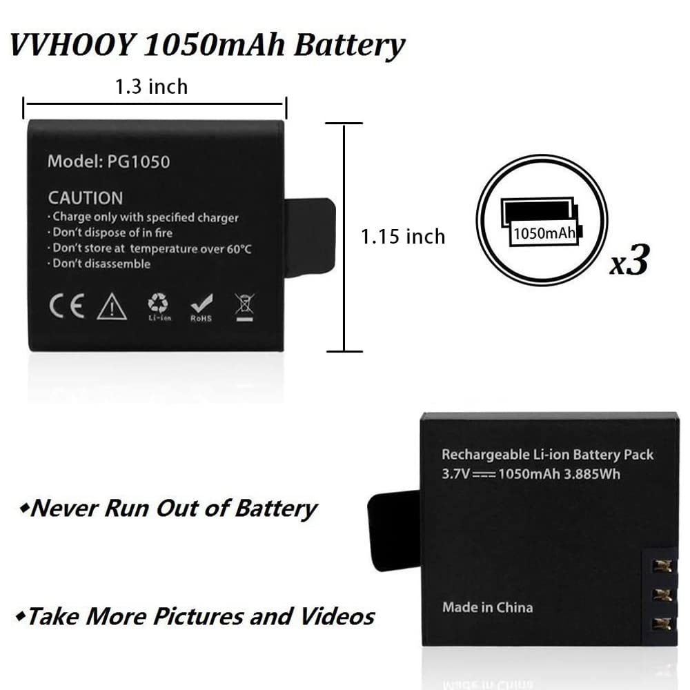 VVHOOY 3 x 1050mAh Rechargeable Action Camera Battery with USB Dual Charger Compatible with AKASO EK7000/Brave 4/V50X/Apexcam/VEMONT/Dragon Touch