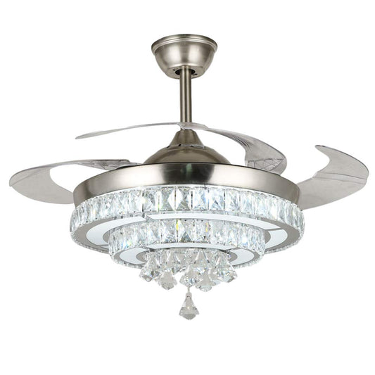 KPIBEST 42 inch Crystal Ceiling Fan with Light and Remote Control 3 Lights Level, Modern Indoor Invisible Retractable Chandelier Fans Lighting with 3