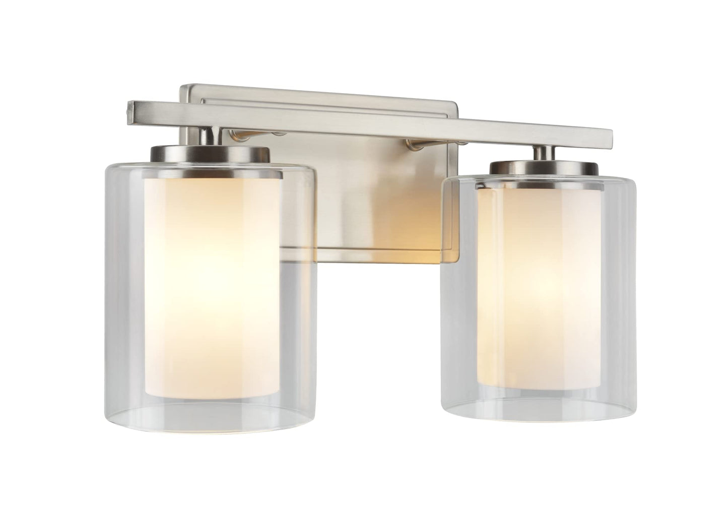 Aspen Creative 62102A, Two-Light Metal Bathroom Vanity Wall Light Fixture, 13 1/2" Wide, Transitional Design in Satin Nickel with Clear Glass Shade